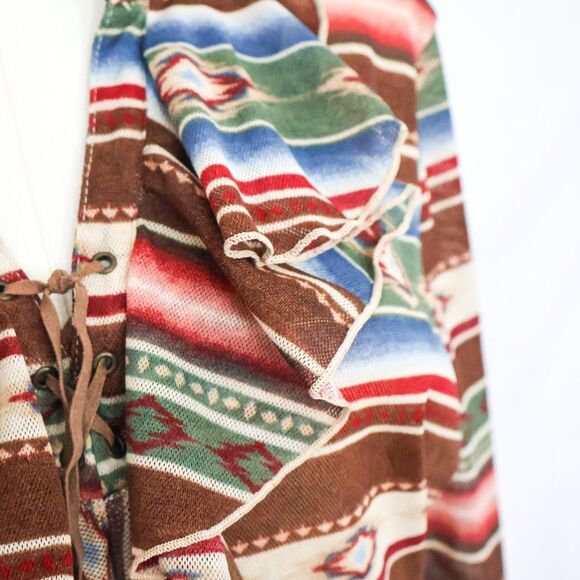 Chaps Southwestern Print 3/4 Sleeve Ruffled Mesh Lace-Up Top XL - Picture 5 of 6